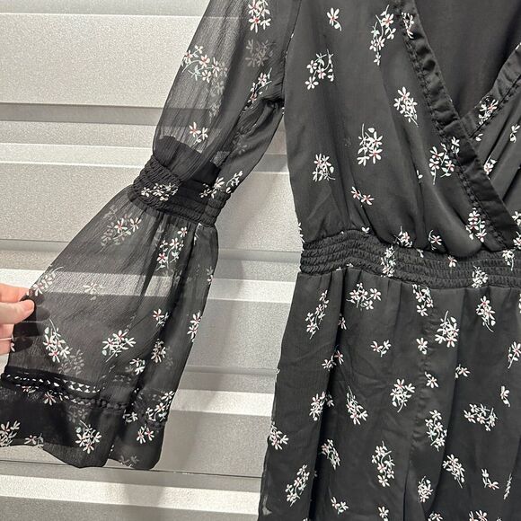 Vintage‎ Bongo Romper Womens S V-Neck Flowy Sleeves Elastic Waist Black Floral - Picture 2 of 8